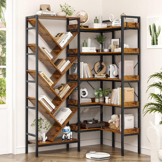 69" Brown And Black Wood And Metal Ten Tier Corner Bookcase HomeRoots