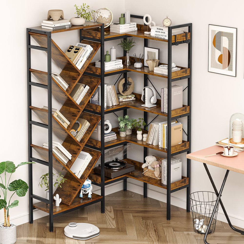 69" Brown And Black Wood And Metal Ten Tier Corner Bookcase HomeRoots