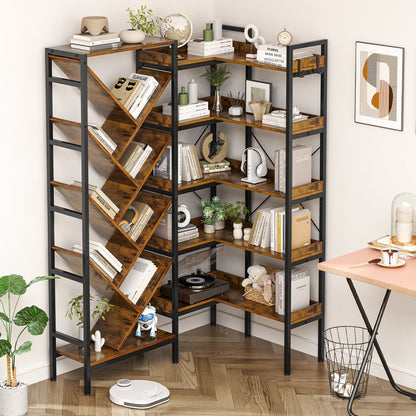 69" Brown And Black Wood And Metal Ten Tier Corner Bookcase HomeRoots