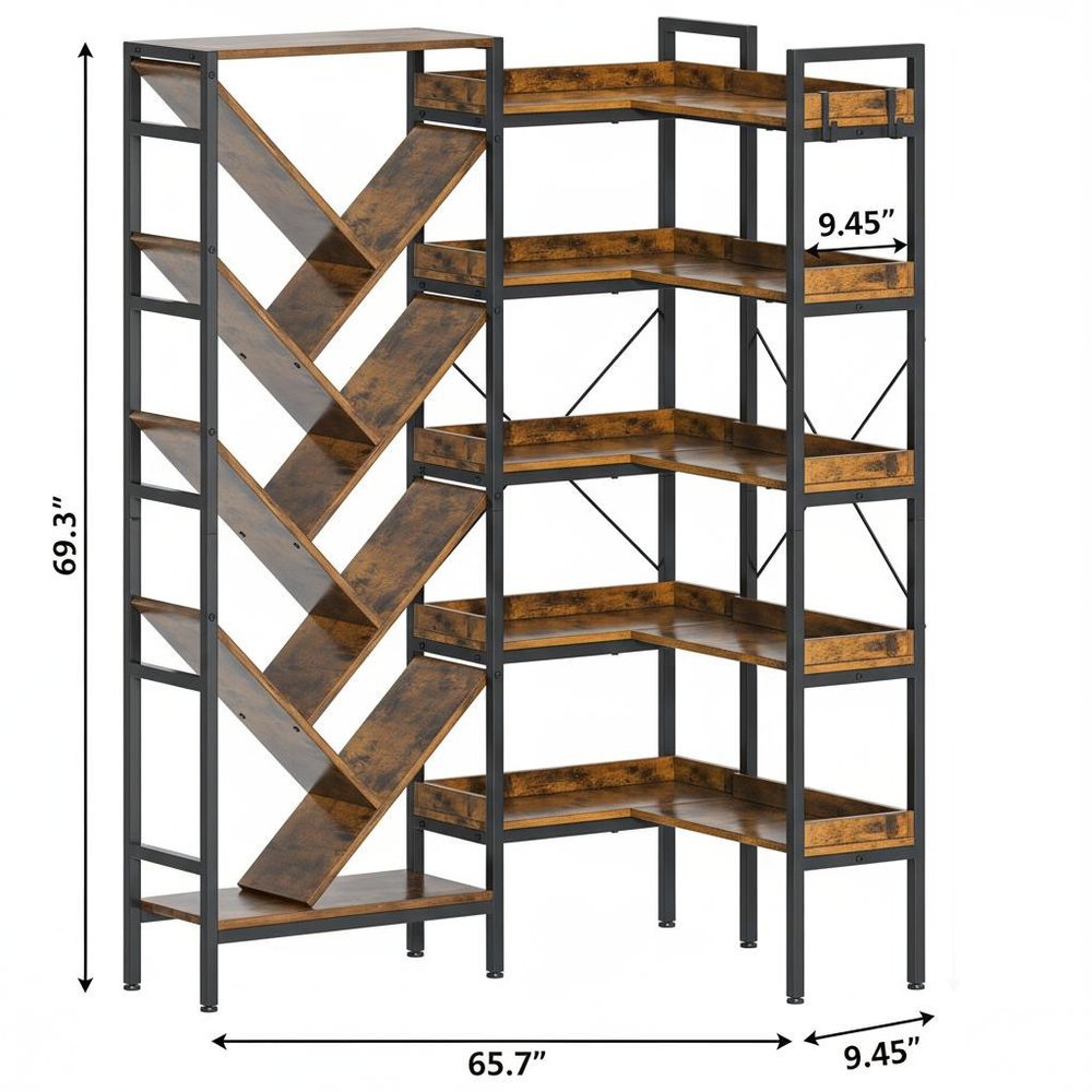 69" Brown And Black Wood And Metal Ten Tier Corner Bookcase HomeRoots