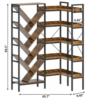 69" Brown And Black Wood And Metal Ten Tier Corner Bookcase HomeRoots