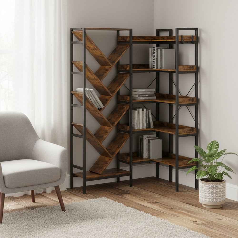 69" Brown And Black Wood And Metal Ten Tier Corner Bookcase HomeRoots