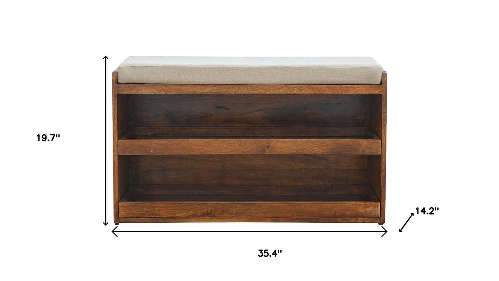 35" Brown Linen And Solid Wood Upholstered Storage Bench With Shoe Storage — view 11