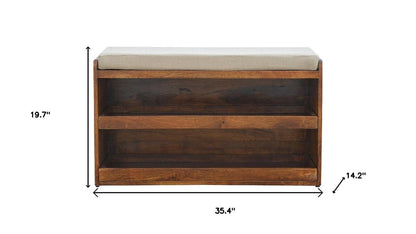 35" Brown Linen And Solid Wood Upholstered Storage Bench With Shoe Storage HomeRoots