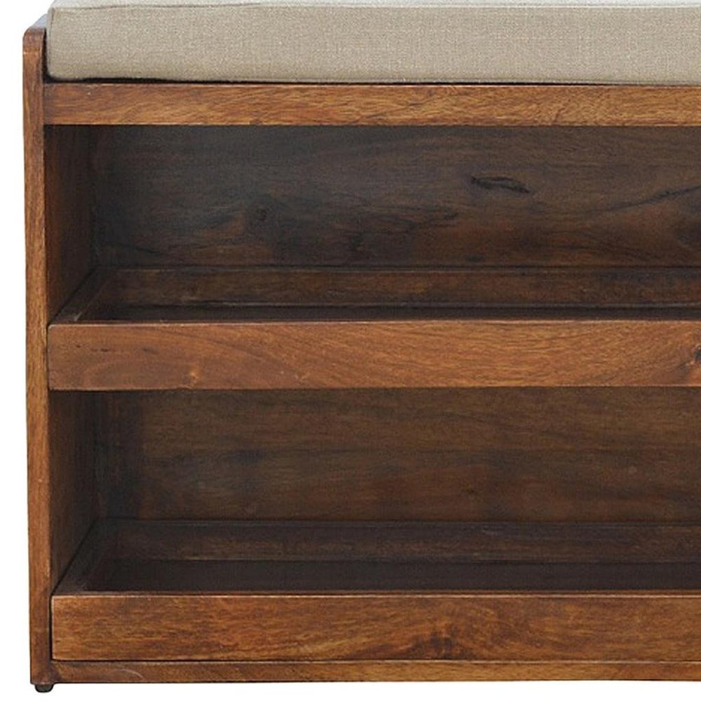 35" Brown Linen And Solid Wood Upholstered Storage Bench With Shoe Storage — view 10
