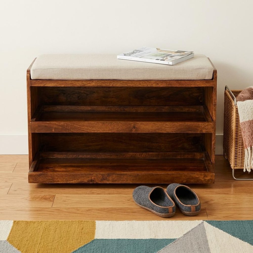 35" Brown Linen And Solid Wood Upholstered Storage Bench With Shoe Storage — view 12