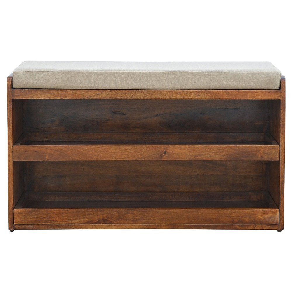 35" Brown Linen And Solid Wood Upholstered Storage Bench With Shoe Storage — view 1