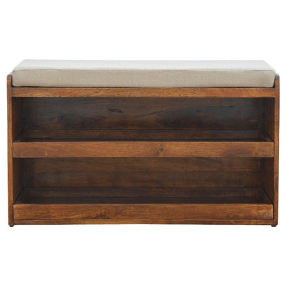 35" Brown Linen And Solid Wood Upholstered Storage Bench With Shoe Storage HomeRoots
