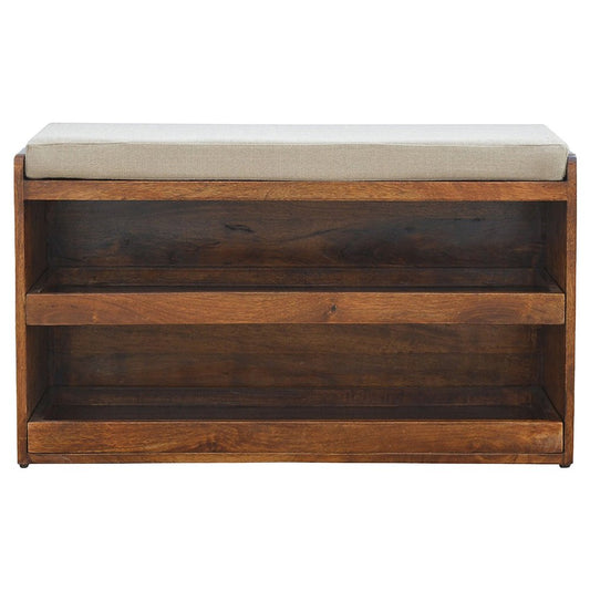 35" Brown Linen And Solid Wood Upholstered Storage Bench With Shoe Storage HomeRoots
