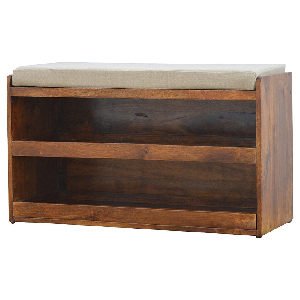 35" Brown Linen And Solid Wood Upholstered Storage Bench With Shoe Storage HomeRoots