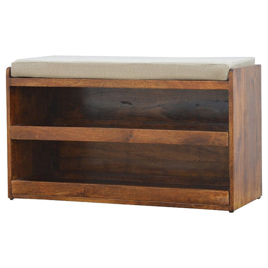 35" Brown Linen And Solid Wood Upholstered Storage Bench With Shoe Storage
