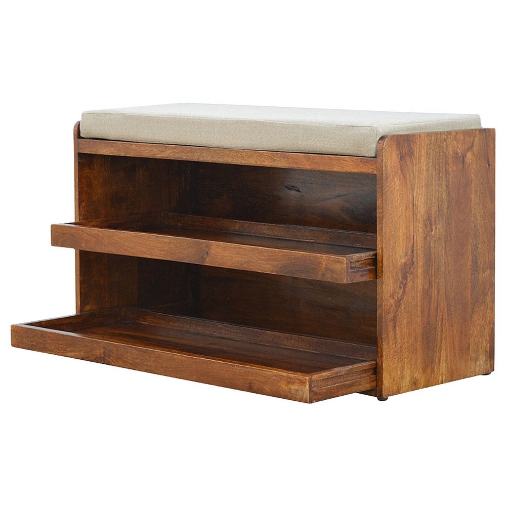 35" Brown Linen And Solid Wood Upholstered Storage Bench With Shoe Storage — view 3