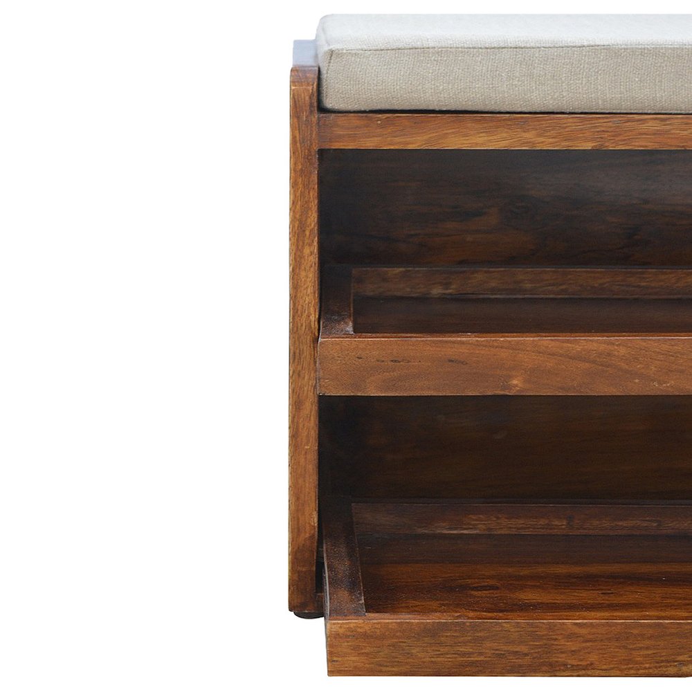 35" Brown Linen And Solid Wood Upholstered Storage Bench With Shoe Storage — view 6
