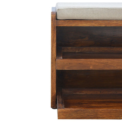 35" Brown Linen And Solid Wood Upholstered Storage Bench With Shoe Storage HomeRoots