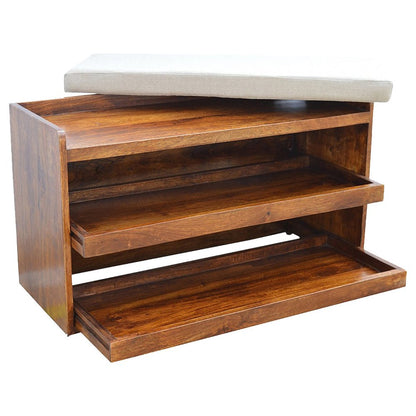 35" Brown Linen And Solid Wood Upholstered Storage Bench With Shoe Storage HomeRoots