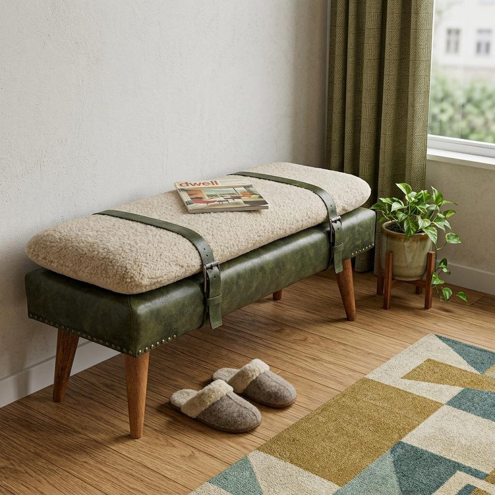 35" Olive Green and Brown Boucle And Genuine Leather and Solid Wood Upholstered Bench HomeRoots