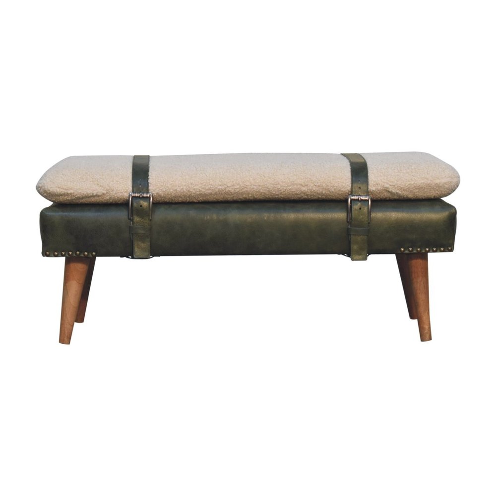 35" Olive Green and Brown Boucle And Genuine Leather and Solid Wood Upholstered Bench HomeRoots