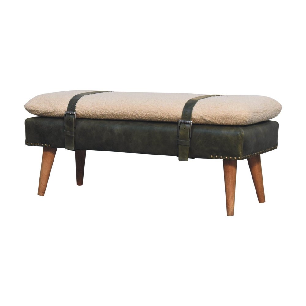35" Olive Green and Brown Boucle And Genuine Leather and Solid Wood Upholstered Bench HomeRoots