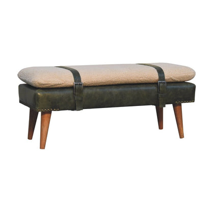 35" Olive Green and Brown Boucle And Genuine Leather and Solid Wood Upholstered Bench HomeRoots