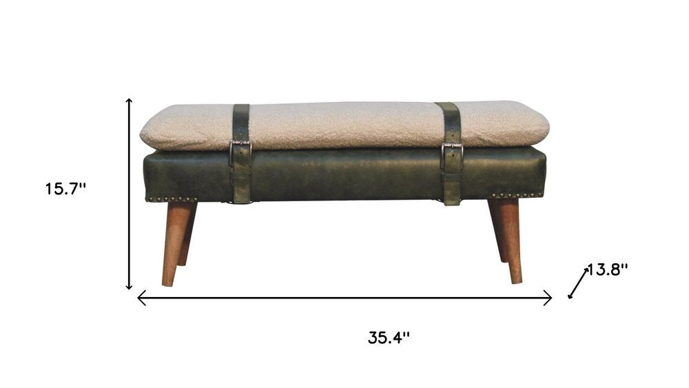 35" Olive Green and Brown Boucle And Genuine Leather and Solid Wood Upholstered Bench HomeRoots