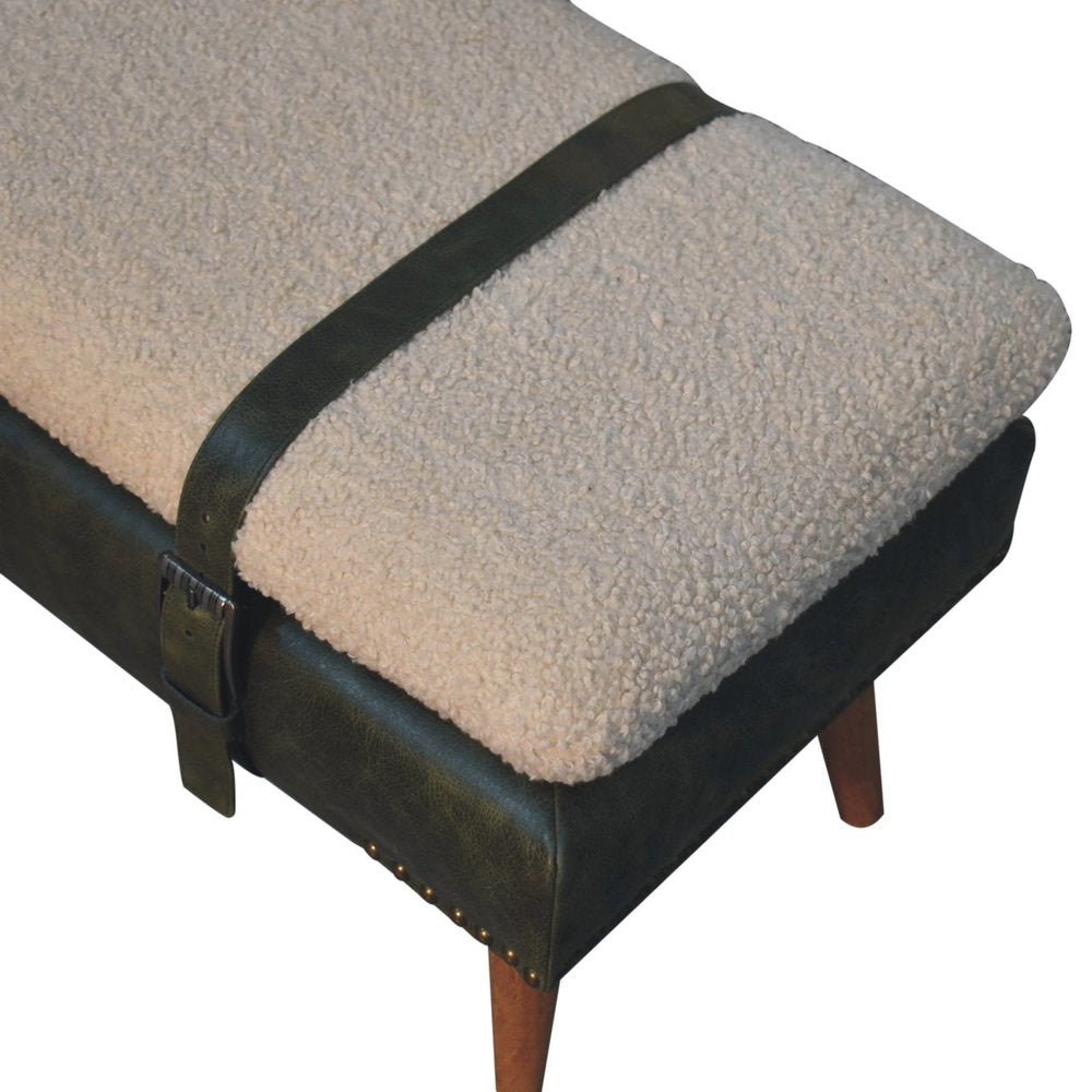 35" Olive Green and Brown Boucle And Genuine Leather and Solid Wood Upholstered Bench HomeRoots