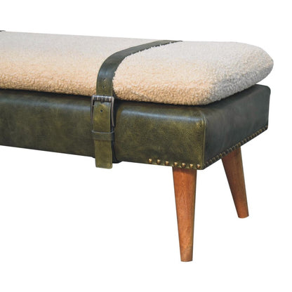 35" Olive Green and Brown Boucle And Genuine Leather and Solid Wood Upholstered Bench HomeRoots