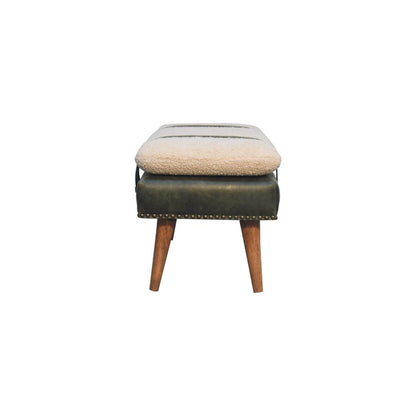 35" Olive Green and Brown Boucle And Genuine Leather and Solid Wood Upholstered Bench HomeRoots