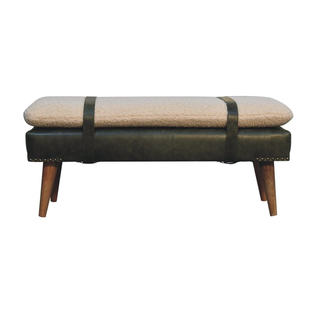 35" Olive Green and Brown Boucle And Genuine Leather and Solid Wood Upholstered Bench HomeRoots