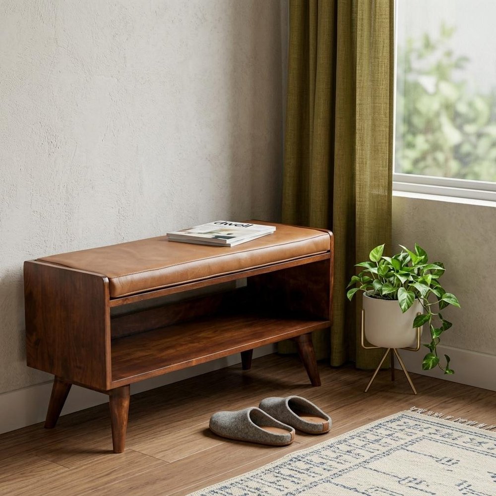 35" Brown And Chestnut Genuine Leather And Solid Wood Storage Bench HomeRoots