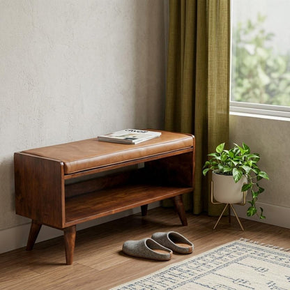 35" Brown And Chestnut Genuine Leather And Solid Wood Storage Bench HomeRoots
