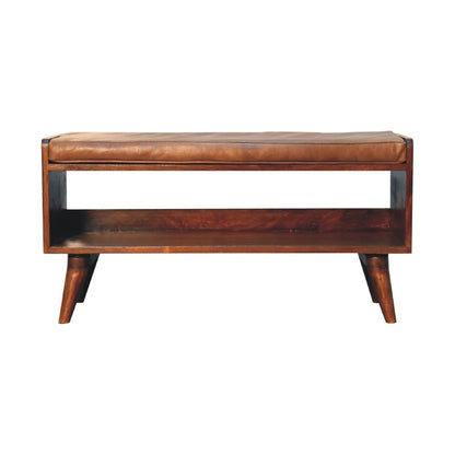 35" Brown And Chestnut Genuine Leather And Solid Wood Storage Bench HomeRoots