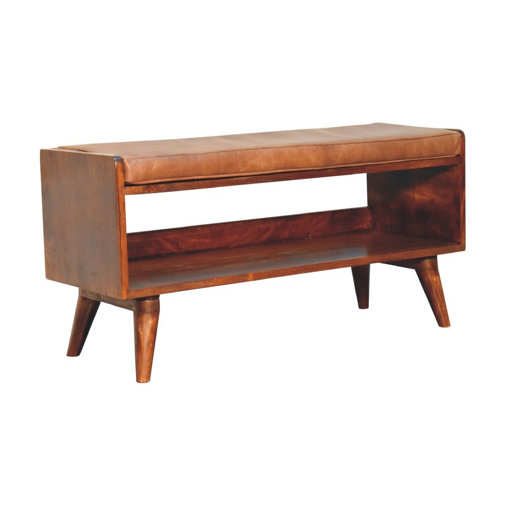 35" Brown And Chestnut Genuine Leather And Solid Wood Storage Bench — view 3