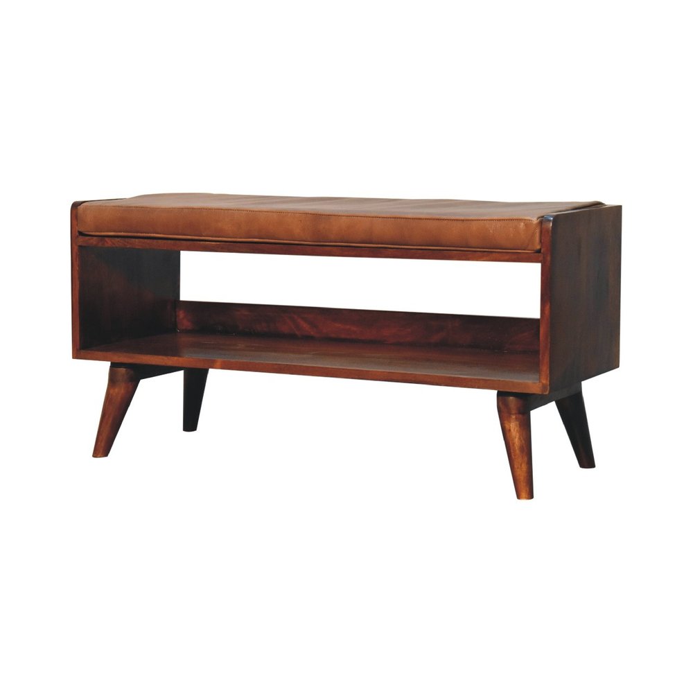 35" Brown And Chestnut Genuine Leather And Solid Wood Storage Bench — view 4