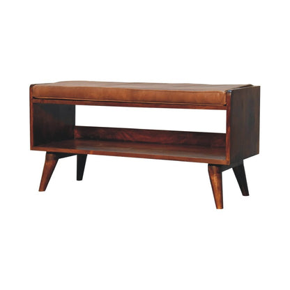 35" Brown And Chestnut Genuine Leather And Solid Wood Storage Bench HomeRoots