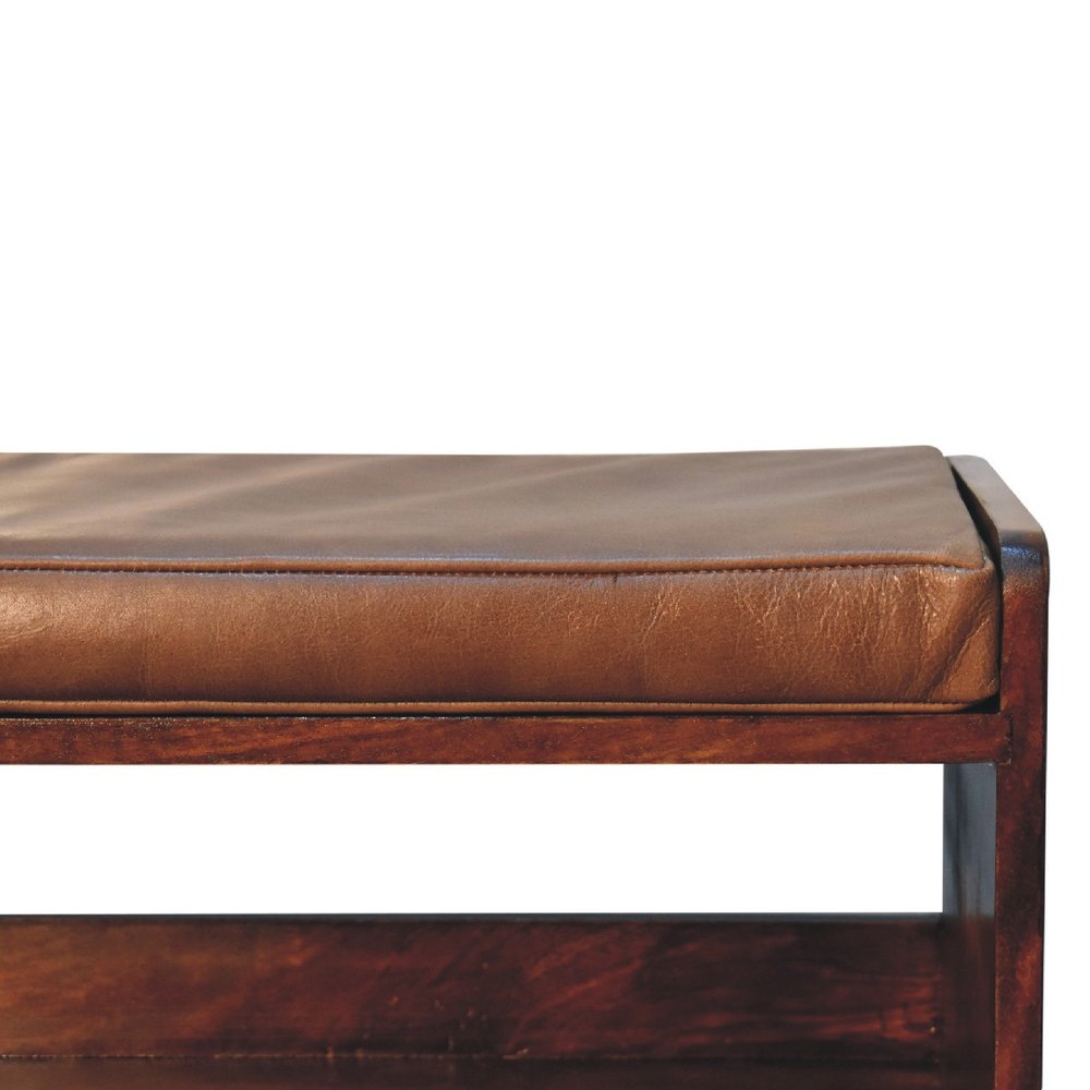 35" Brown And Chestnut Genuine Leather And Solid Wood Storage Bench — view 5
