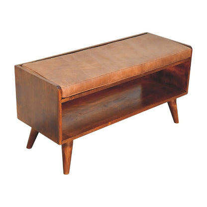 35" Brown And Chestnut Genuine Leather And Solid Wood Storage Bench HomeRoots