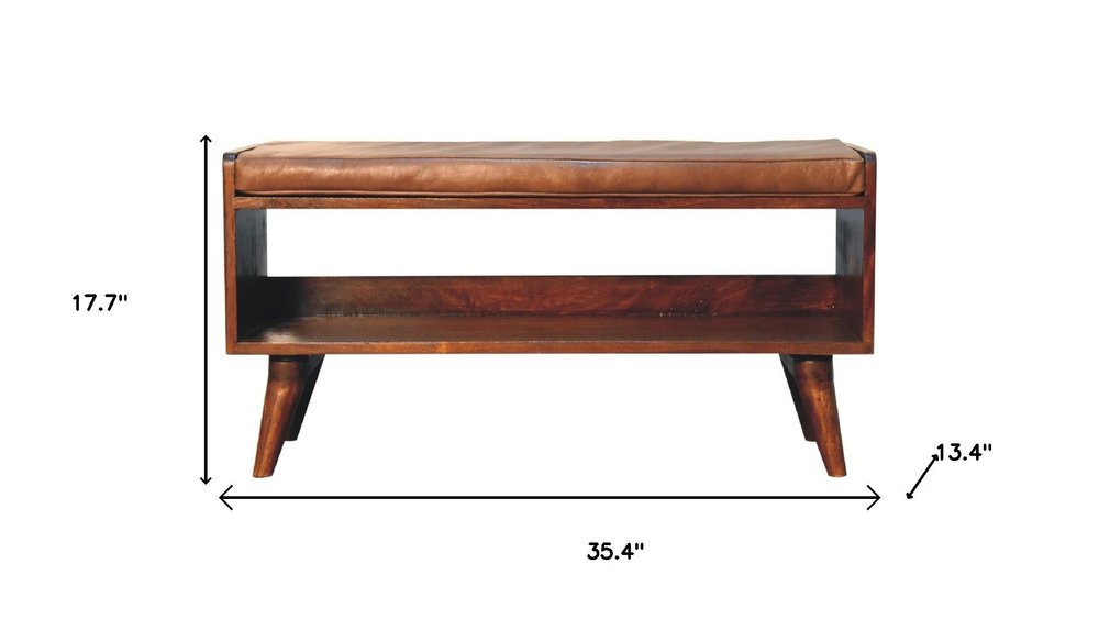 35" Brown And Chestnut Genuine Leather And Solid Wood Storage Bench — view 9