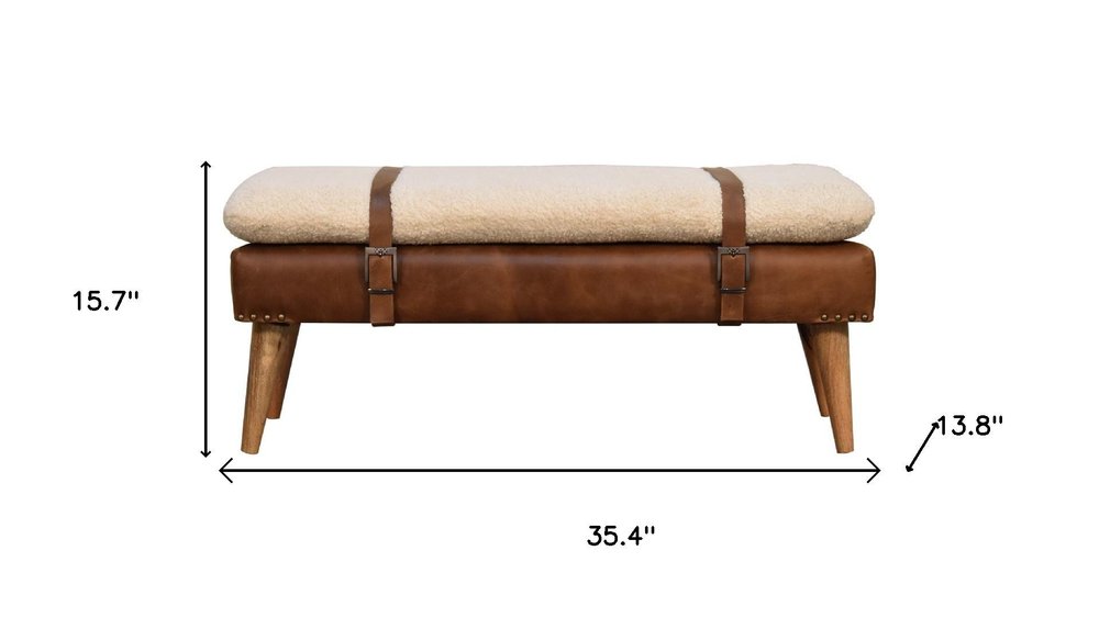 35" Brown Boucle And Genuine Leather and Solid Wood Upholstered Bench HomeRoots