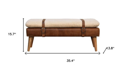 35" Brown Boucle And Genuine Leather and Solid Wood Upholstered Bench HomeRoots