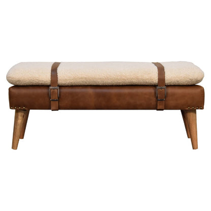 35" Brown Boucle And Genuine Leather and Solid Wood Upholstered Bench HomeRoots