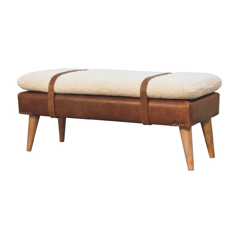 35" Brown Boucle And Genuine Leather and Solid Wood Upholstered Bench HomeRoots