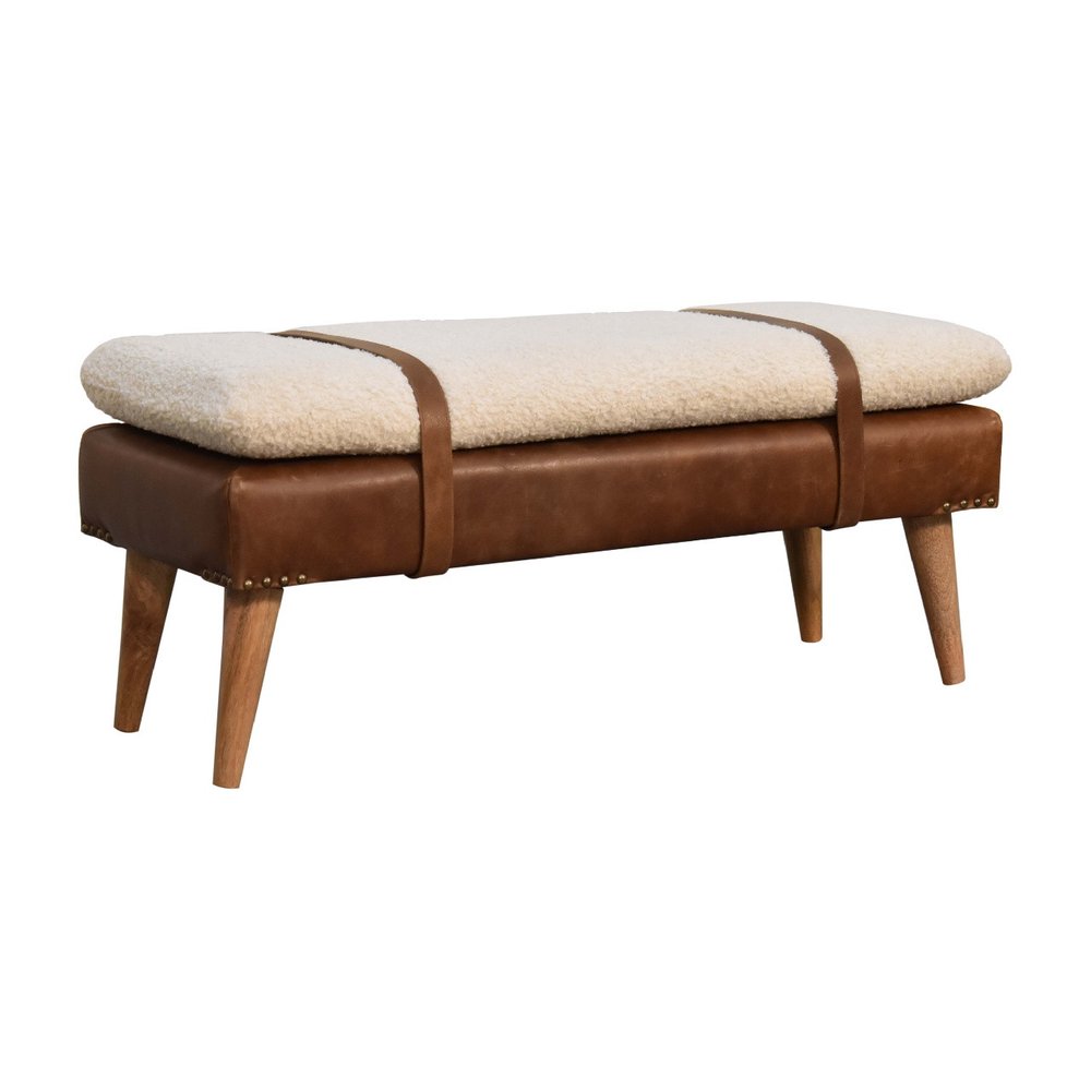 35" Brown Boucle And Genuine Leather and Solid Wood Upholstered Bench HomeRoots