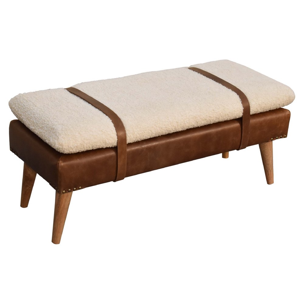 35" Brown Boucle And Genuine Leather and Solid Wood Upholstered Bench HomeRoots