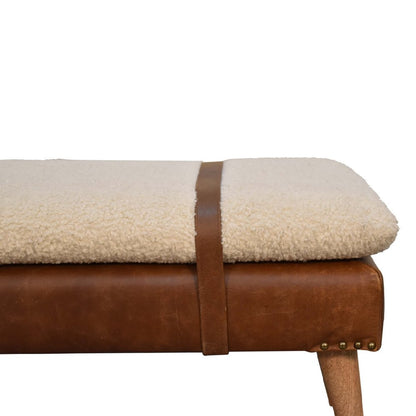 35" Brown Boucle And Genuine Leather and Solid Wood Upholstered Bench HomeRoots