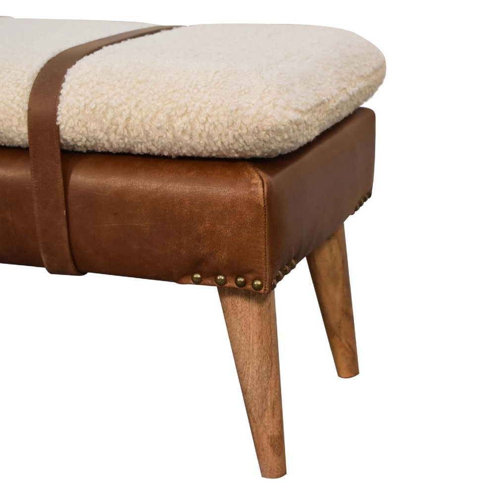 35" Brown Boucle And Genuine Leather and Solid Wood Upholstered Bench HomeRoots