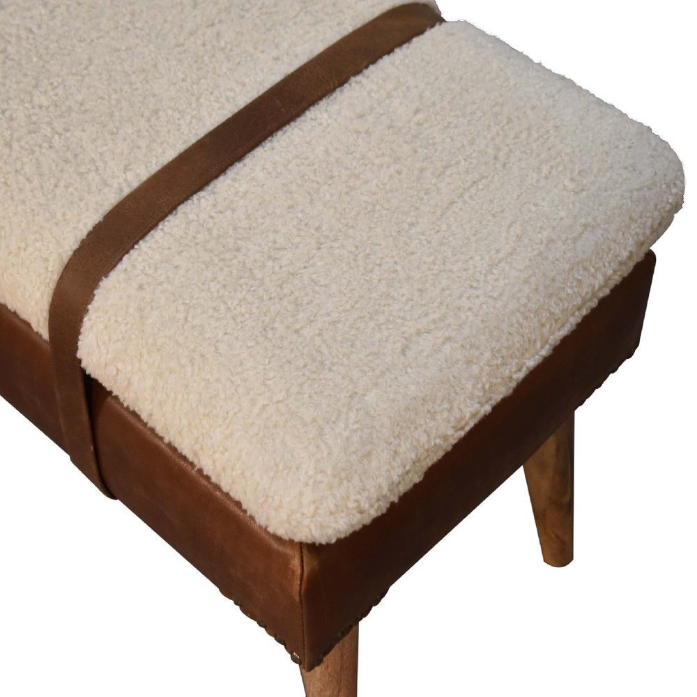 35" Brown Boucle And Genuine Leather and Solid Wood Upholstered Bench HomeRoots