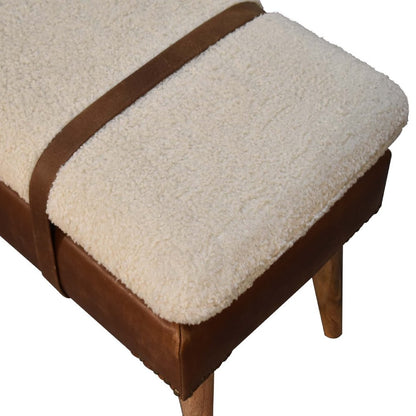 35" Brown Boucle And Genuine Leather and Solid Wood Upholstered Bench HomeRoots
