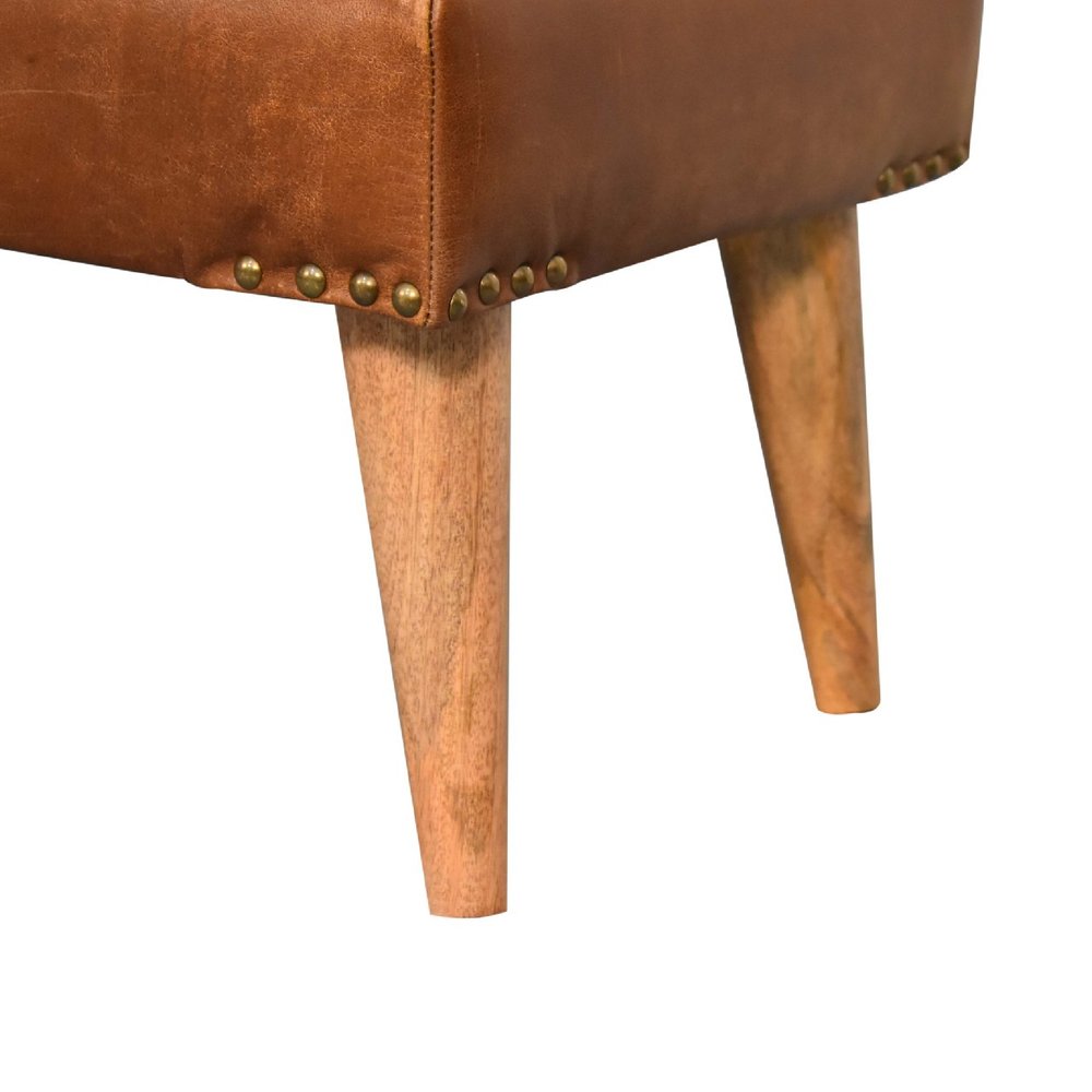 35" Brown Boucle And Genuine Leather and Solid Wood Upholstered Bench HomeRoots