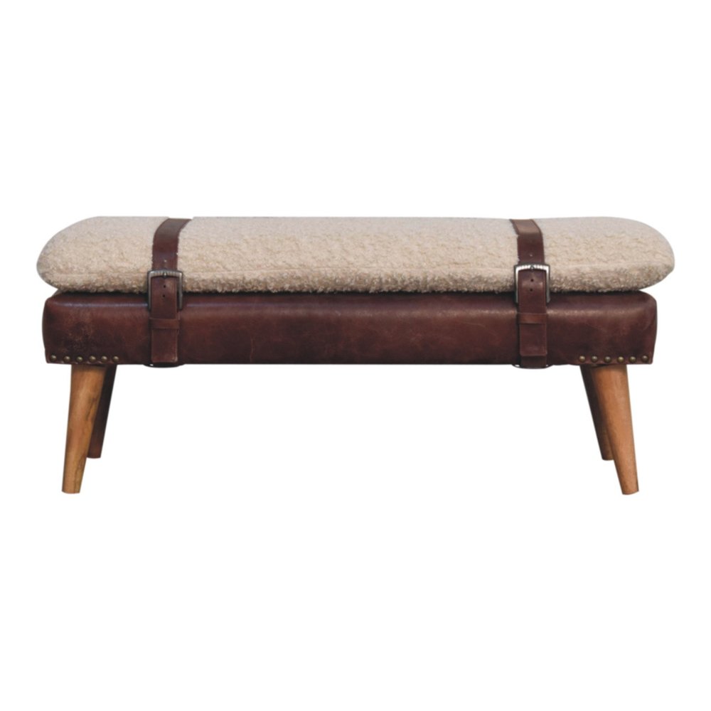 35" Ivory Mahogany And Natural Boucle Genuine Leather And Solid Wood Upholstered Bench — view 1