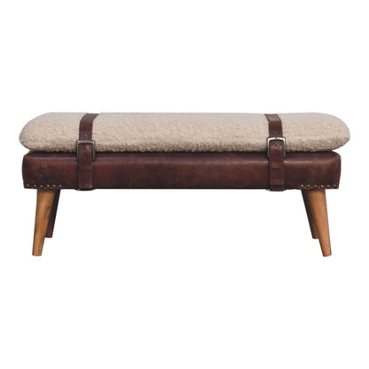 35" Ivory Mahogany And Natural Boucle Genuine Leather And Solid Wood Upholstered Bench